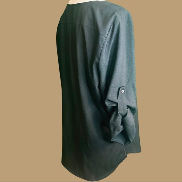 Calvin Klein Black & Silver Metallic Roll Tab Sleeve Notch Neck Blouse Size L - Picture 8 of 9